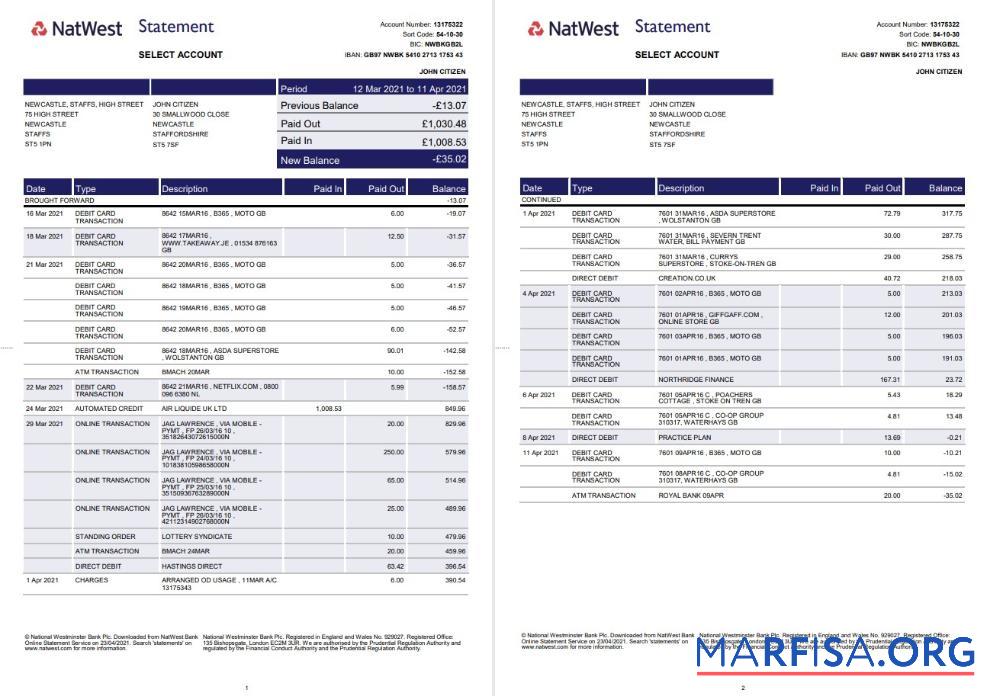 Blank United Kingdom Natwest bank statement word (2 pages) example